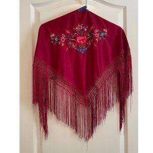 Nylon Flamenco Shoulder Wrap with Rose Embroidery and Fringe
